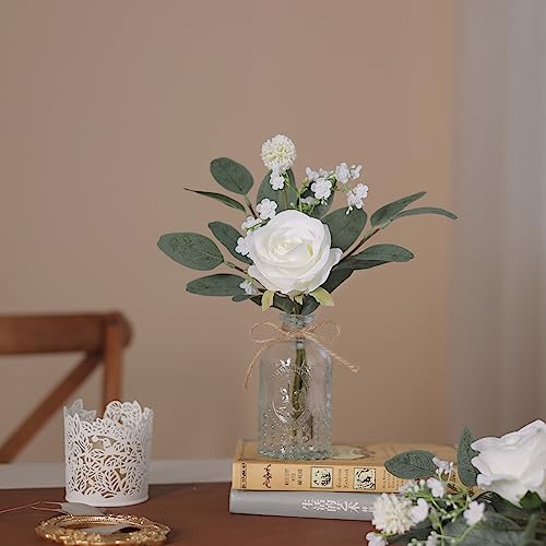 YXZZWL Faux Flowers with Bud Vase,Mini Artificial Silk Roses and Fake Eucalyptus in Glass Vase for Wedding Party Dining Table Centerpiece Decorations Office Farmhouse Home Decor (White)