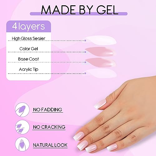 Kugge Short Press On Nails Square, 24PCS Nude White Ombre French Fake Nails Kit with Nail Glue and Adhesive Jelly Glue, Gel Made Reusable Glue On False Nails for DIY Manicure at Home(Short Square Pink White Ombre)