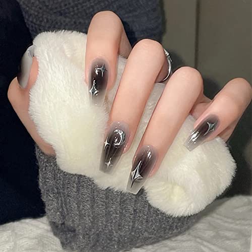 24Pieces Press on Nails Medium Length Coffin Fake Nails Grey Black False Nails with Moon Stars Design Stick on Nails Full Cover French Glossy Glue on Nails