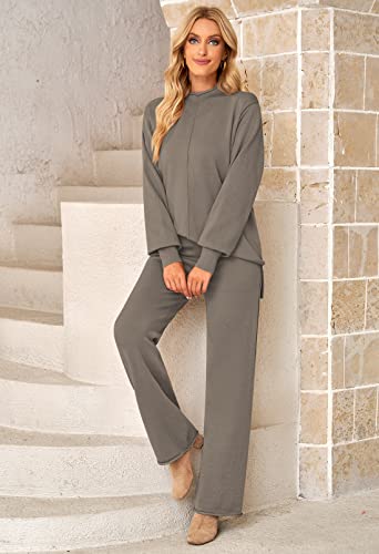 Women Knit Top and Pants Set Oversized Turtleneck Sweater Pullover Wide Leg Pants Leisure Loungewear Khaki M