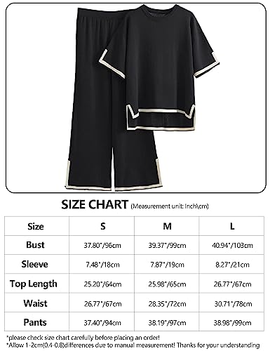 Gihuo Women's Sweater Sets 2 Piece Outfits Knit Lounge Sets Short Sleeve Pullover Tops Wide Leg Pants(Black-S)