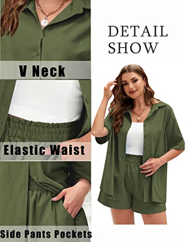 IN'VOLAND Women's Plus Size 2 Piece Outfits Short Sleeve Blouse and Shorts Set Cotton Linen Set Casual Tracksuits Loungewear with Pockets Green,22W