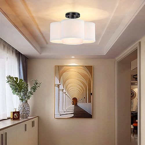 4 Light 14" Semi Flush Mount Ceiling Light Fixture,White Fabric Drum Shade Black Finish for Bedroom, Dining Room, Corridor, Living Room Hallway