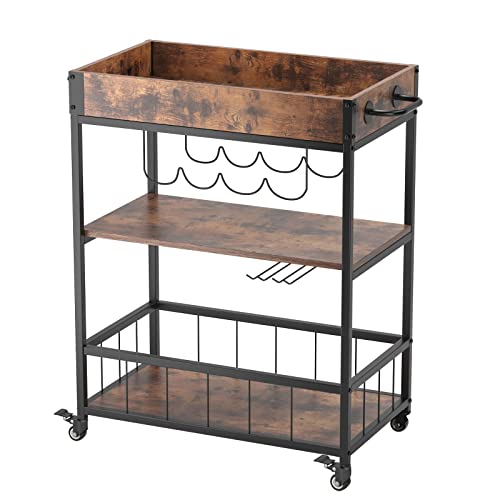 soges Mobile Bar Cart, Kitchen Serving Cart, Outdoors Party Serving Bar Trolley, Rolling Wine Cart with Bottle Glasses Holders, Kitchen Cart with Removable Storage Tray