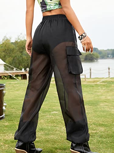 WDIRARA Women's Sheer Cargo Mesh Pants High Waisted See Through Rave Pants with Pockets Black M