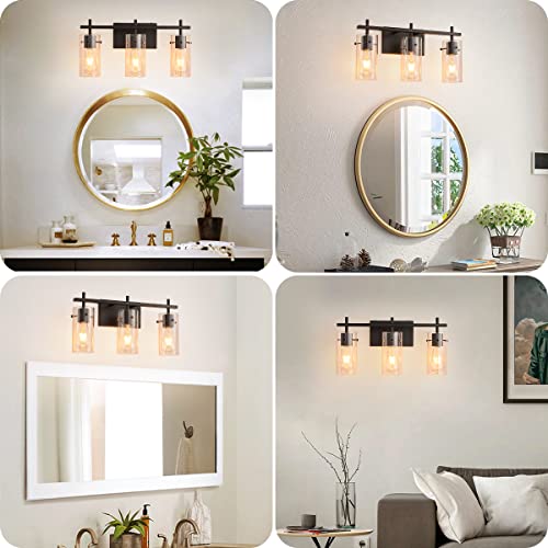 Black 3-Light Vanity Light Fixture, Wall Sconce Lighting with Glass Shade, Modern Wall Lights Over Mirror Vanity Lamp (Black, 3-Light)