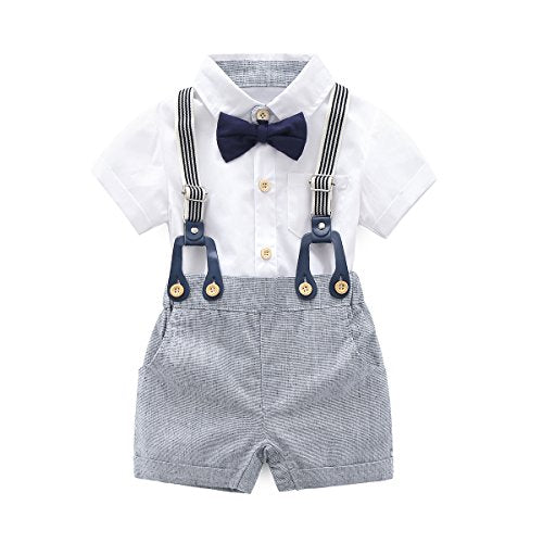 Baby Boys Gentleman Outfits Suits, Infant Short Sleeve Shirt+Bib Shorts+Bow Tie Overalls Clothes Set,9-12M