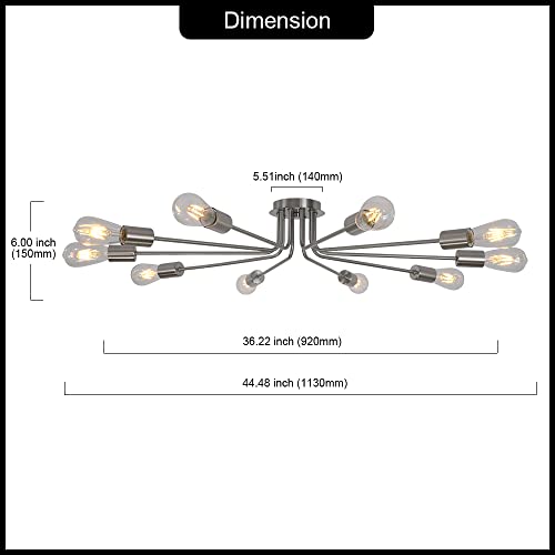 TULUCE 10 Light Sputnik Chandelier Brushed Nickel Ceiling Light Semi Flush Mount Light Ceiling Lamp for Kitchen Dining Room Living Room Foyer