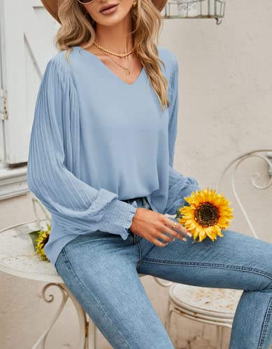 Work Blouses for Women Office V Neck Chiffon Pleated Balloon Long Sleeve Shirts Elegant Dressy Business Casual Tops Professional Wear Outfits Fall Fashion 2023 Grey Blue