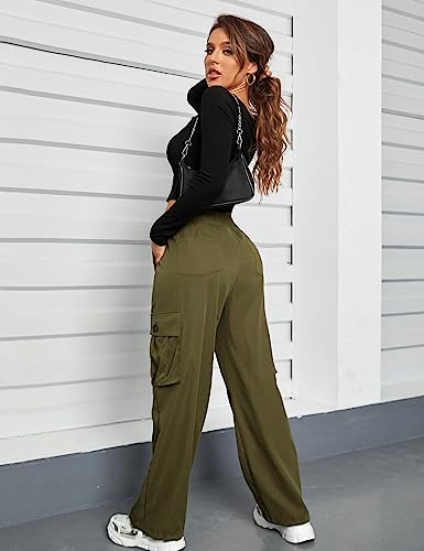 BMJL Womens Cargo Pants Wide Leg Hiking Pants Y2K High Waisted Amry Green Baggy Pants Parachute Trendy Pants with Pockets (Green, L)