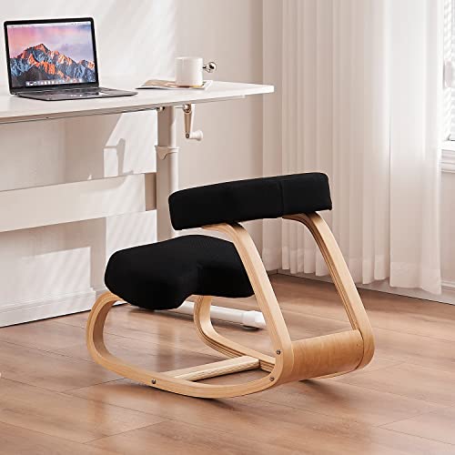 THEETAYY Ergonomic Kneeling Chair,Wooden Rocking Chair for Home Office,Office Chair for Relieving Neck and Back Pain,Black