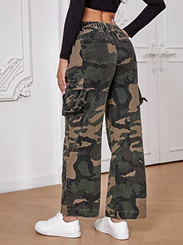 Verdusa Women's Drawstring Waist Camo Print Cargo Pants Loose Long Trousers Camo Green M