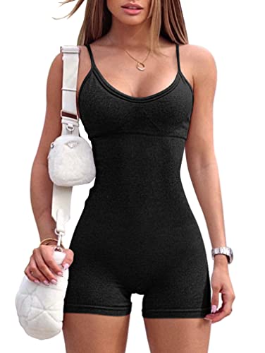 OQQ Women's Yoga Seamless One Piece Spaghetti Strap Tummy Control Padded Sports Romper Bra JumpSuit, Black, Medium