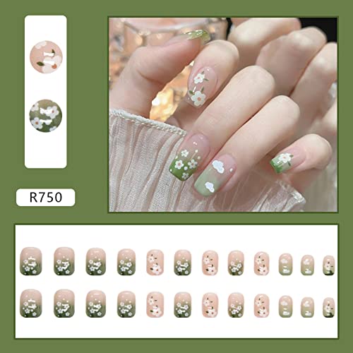 Green Press on Nails Short Square Fake Nails Small Flower False Nails with Designs Cute Cloud Floral Acrylic Nails Full Cover Glossy Stick on Nails Spring Summer Glue on Nails for Women Girls Manicure