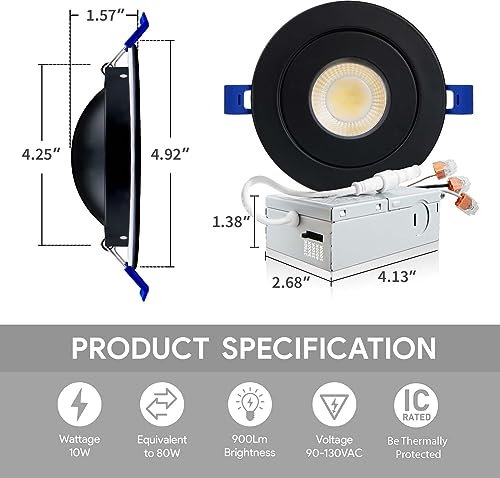 Adetu 4 Inch Gimbal Black Led Recessed Light, 360°+90° Adjustable Directional Recessed Lighting, 2700K/3000K/3500K/4000K/5000K Dimmable Retrofit Eyeball Can Light with Jbox,ETL（Black，6 Pack）