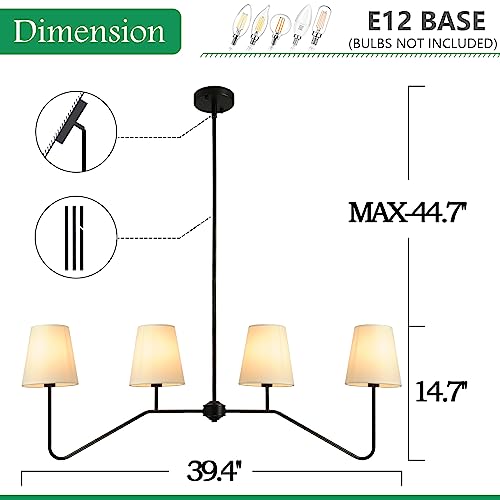 4-Light Linear Chandeliers for Dining Room, 43.3'' Black Kitchen Island Lighting, Modern Classic Pendant Lighting Fixture with White Linen Shades for Dining Room Living Room Kitchen Island (E12 Base)