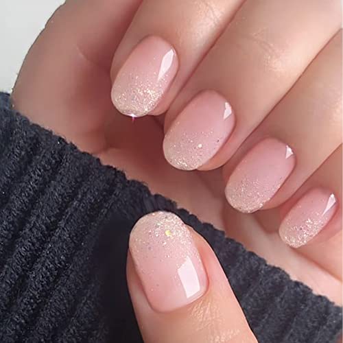 Press on Nails Short Round Nails, Silver French Tip Nude Pink Fake Nails with Design Glitter Oval Full Cover False Nails Reusable Glue on Nails for Women Acrylic Stick on Nails Decoration Gifts, 24Pcs