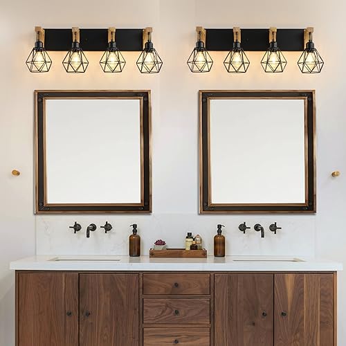 4-Light Farmhouse Vanity Light for Bathroom, Wood Bathroom Light Fixtures Over Mirror, Rustic Sconces Wall Lighting with Elegant Metal Lampshade for Living Room, Bedroom, Hallway