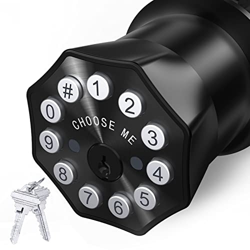 Door Knob with Keypad and Key, Keyless Entry Door Lock,Smart Digital Knob Unlock by Passcode/Keys/USB backuplock,Electronic Door Knob for Home Bedroom Apartment Garage Office Security,Black