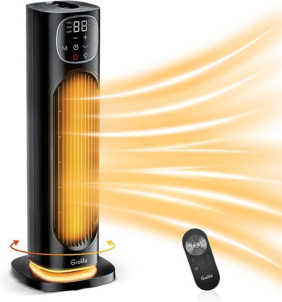 Grelife 24" Space Heater, 75° Oscillating Electric Heater with Night Light, Remote, Overheat & Tip-over Protection, ECO Mode, 12H Timer, Thermostat, 1500W Portable Heater for Indoor Use, Office, Home