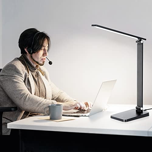 Desk Lamp, LED Desk Lamp, Desk Lamp for Home Office, 3 Levels Dimmable Desk Light, Desk Lamp with USB Charging Port, Office Lamp, Small Desk Lamps, Study Lamp, Reading Light, Table Lamp, Black, 5000K