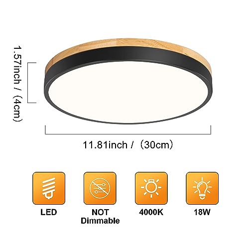 Vikaey Modern Wood LED Ceiling Light Fixture, Simple Black Flush Mount Ceiling Lamps, Circle Close to Ceiling Lighting Fixtures for Living Room, Bedroom, Dining Room, Kitchen, Laundry Room (11.8")