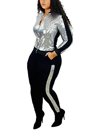 SIAEAMRG Women 2 Piece Glitter Sequin Outfits Tracksuit, Long Sleeve Jacket Tops Bodycon Long Pants Sparkle Sweatsuit Club Wear (Silver, M)