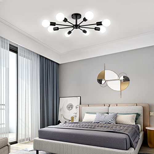 ZSMIHDOH Semi Flush Mount Ceiling Light, 8-Lights Modern Chandelier Living Room Light, Black Sputnik Light Chandelier for Bedroom Kitchen Study Office, E26 Base