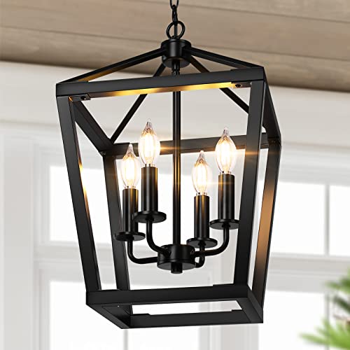 BrightHome Farmhouse Chandelier 4-Light, Black Pendant Light Fixture Ceiling Hanging for Kitchen Island Dining Room, Lantern Industrial Lighting with Metal Cage Adjustable Height for Entryway Foyer