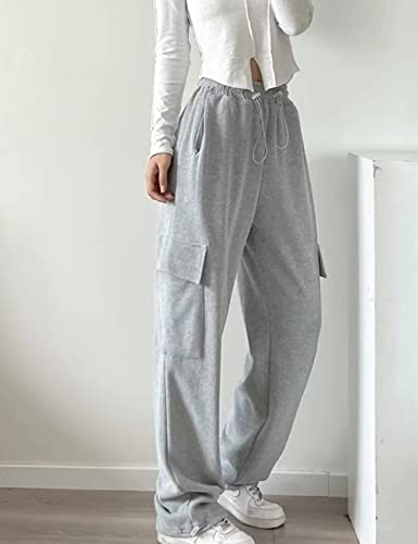 Rxozrxoz Womens Parachute Pants Drawstring Elastic Loose Cargo Sweatpants Y2K Baggy Cargo Pants Jogger with Pockets(Grey-L)