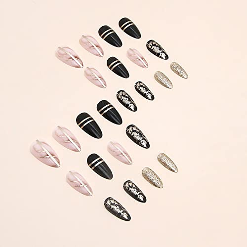 French Tip Press on Nails Almond Medium Fake Nails with Gold Line Shine Design Full Cover Reusable Black Artificial Acrylic Coffin False Nails Set Women Glue on Nails Stick on Nails for Nail Art