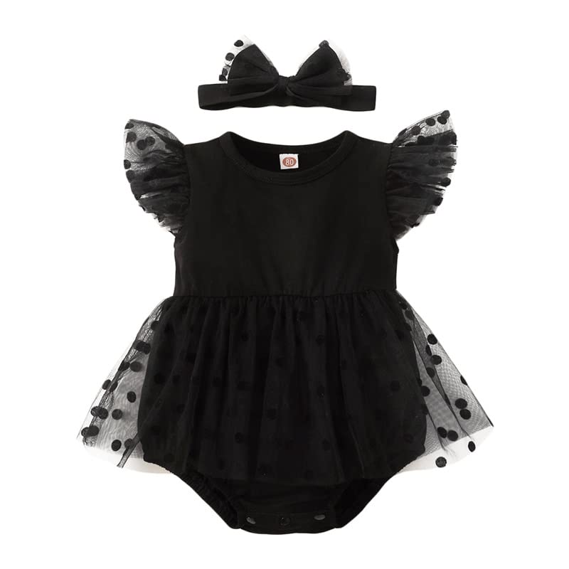 Infant Newborn Baby Girl Clothes Ruffle Sleeve Dress Romper 2Pcs Dot Mesh Skirts Hem Bodysuit with Headband Set (Black, 6-9 Months)