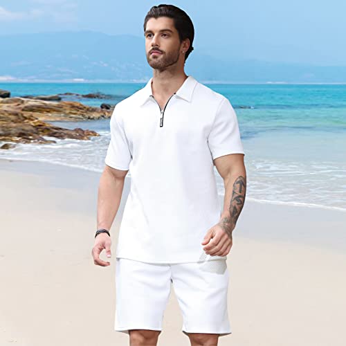 Aulemen Mens 2 Piece Zip Tracksuit Short Sleeve Print Polo Shirt and Shorts Sets Summer Outfits for Men White XL