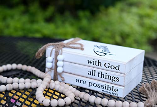 LIVDUCOT Farmhouse Wooden Decor Book Stack | Rustic Faux Book Stacks | Wood Books for Modern Home Decor | Stacked Books for Coffee Tables Book Shelf Decor | with God All Things are Possible Sign
