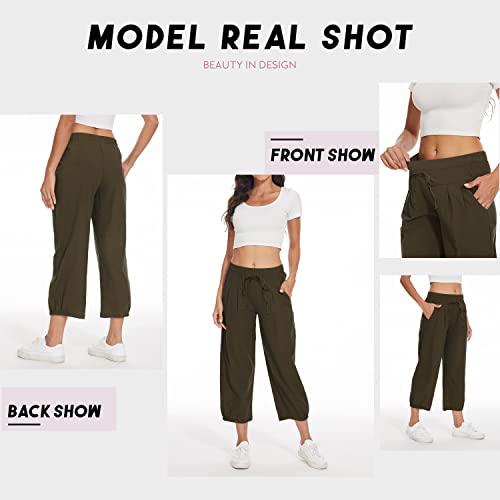 TBA Women's Casual Pants Summer Wide Leg Capris Drawstring Elastic High Waist Cotton Cropped Trousers with Pockets Brown