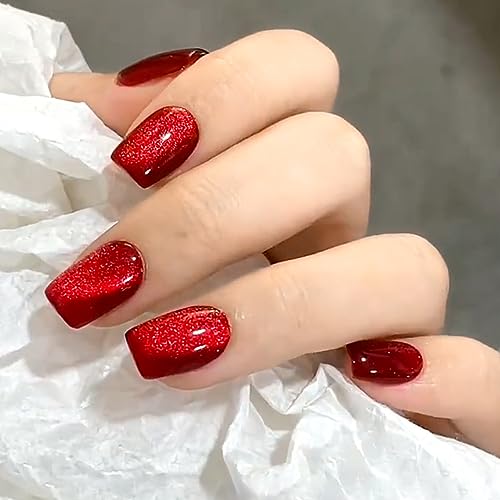 Red Press on Nails Short Acrylic Nails Square Fake Nails Cat Eye with Pearl Light Designs False Nails Glossy Glue on Nails Reusable Artificial Stick on Nails for Autumn Women 24PCS