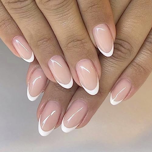 French Tip Press on Nails Short Almond Fake Nails with Elegant Designs Oval Full Cover Acrylic False Nails Set Glue on Reusable Nails Nude Stick on Static Nails for Women Girls Manicure 24Pcs