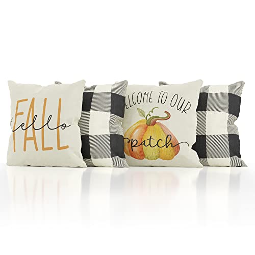 Beautiful Fall Pillow Covers 18" x 18" - Four Modern Buffalo Plaid Farmhouse Design Throw Pillow Covers - These Pumpkin Decor Accents Are The Perfect Addition to Your Indoor/Outdoor Home Decoration