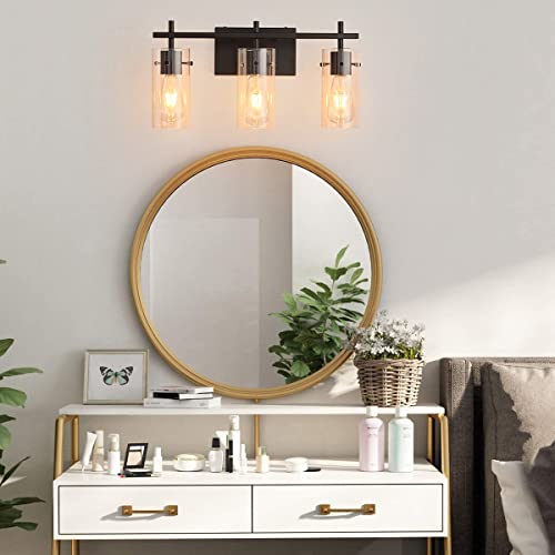 Black 3-Light Vanity Light Fixture, Wall Sconce Lighting with Glass Shade, Modern Wall Lights Over Mirror Vanity Lamp (Black, 3-Light)