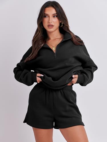 Prinbara 2 Piece Lounge Set For Women Outfits Fall Sweatsuit Fleece Oversized Half Zip Sweatshirt Casual Loose Matching Short Set Loungewear Sweat Set Preppy Clothes Black 7PA75-heise-M