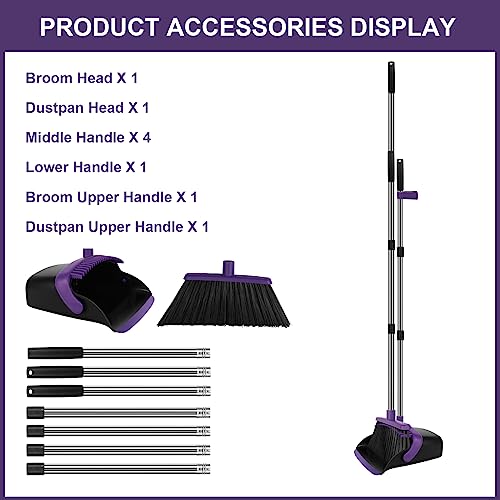 Extra-Large Upright Broom and Dustpan Set, 55-inch Long Handle Self Cleaning Pueple Broom and Dustpan Set for Home Kitchen Office Floor