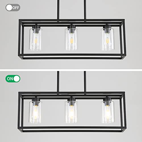 Black 3-Light Dining Room Light Fixture, Modern Farmhouse Chandeliers, Linear Rectangular Kitchen Island Lighting, Industrial Vintage Pendant Lighting with Clear Glass Shade Height Adjustable