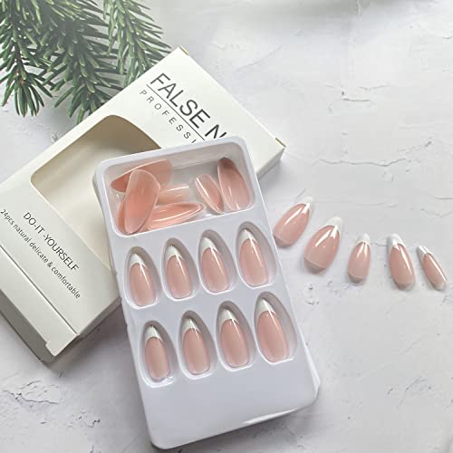 French Tip Medium Press on Nails Almond Shaped Fake Nails Nude of White Nail Tip Acrylic Nails Glossy Artificial Nails Summer Stick on Nails Full Cover Glue on Nails for Women 24Pcs