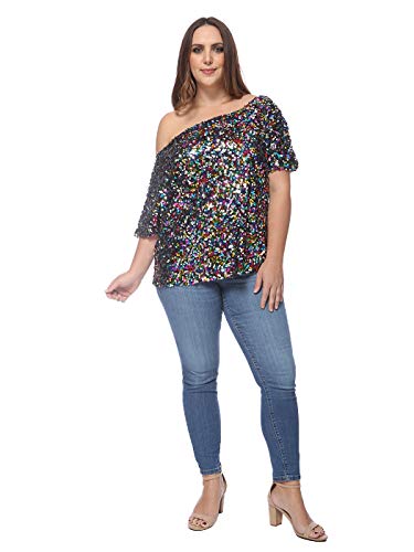 Anna-Kaci Women's Plus Size Sequin Sexy One Shoulder Short Sleeve Party Club Top, Multicolored, XX-Large