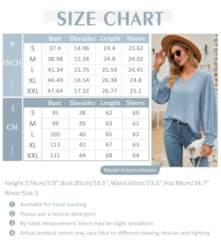 Work Blouses for Women Office V Neck Chiffon Pleated Balloon Long Sleeve Shirts Elegant Dressy Business Casual Tops Professional Wear Outfits Fall Fashion 2023 Grey Blue