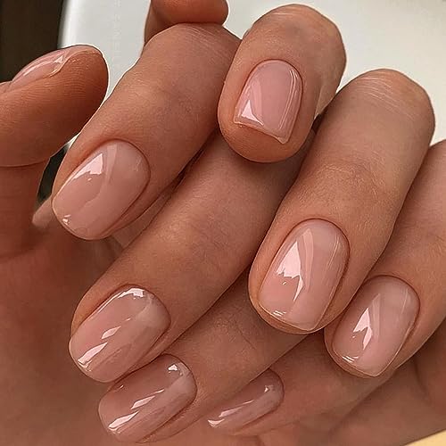 Square Press on Nails Short Fake Nails Nude Pure Color Full Cover False Nails with Designs Glossy Minimalist Acrylic Nails Solid Color Stick on Nails for Women Girls Manicure Decorations