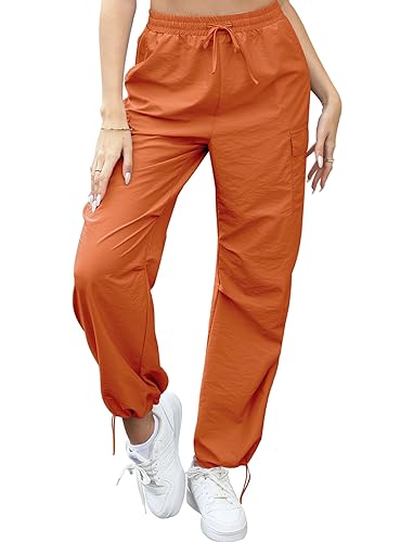 INFULEIMU Parachute Pants for Women Cargo Pants Baggy Pants Drawstring High Waist Ruched Straight Y2K Pants with Pockets Orange