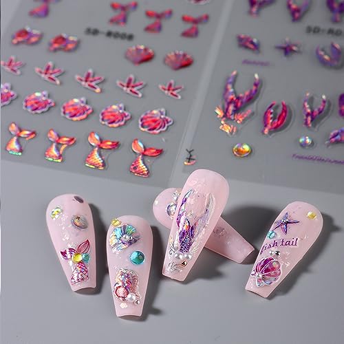 5D Summer Nail Art Stickers, 5D Embossed Holographic Mermaid Nail Decals Mermaid Jellyfish Starfish Ocean Nail Art Supplies Luxurious Summer Nail Design for Women Manicure Decoration(4 Sheets)