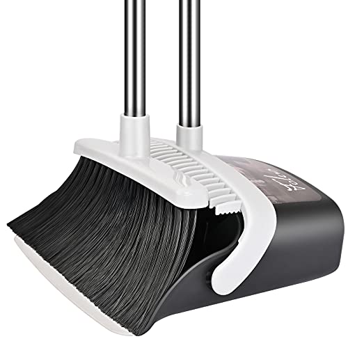 Dust Pan and Broom with Long Handle, Heavy Duty for Home Kitchen Office Indoor Outdoor Sweeping 55 Inch Broom for Floor Cleaning Standing Dustpan with Teeth