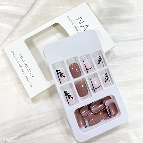 Fall Square Press on Nails Short French Fake Nails Leaf and Line Designs Acrylic Nails Full Cover Glue on Nails Brown Pink False Nails with Designs Glossy Acrylic Nails for Women